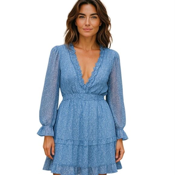 Casual Summer Dress Ruffle V Neck Backless Swing Dresses Long Sleeve Womens Sz M - Picture 1 of 7
